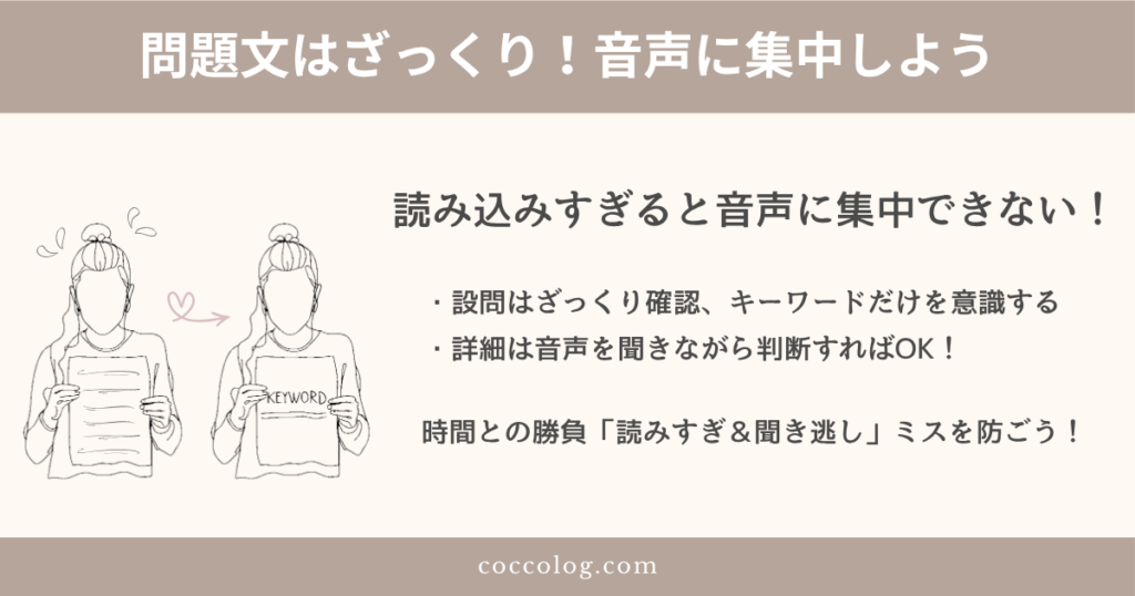 問題文を読みすぎて焦っている女性と、キーワードだけに注目して音声に集中する女性の線画イラスト。TOEICリスニングでは、設問はざっくり確認し、音声に集中することの重要性を伝えている。