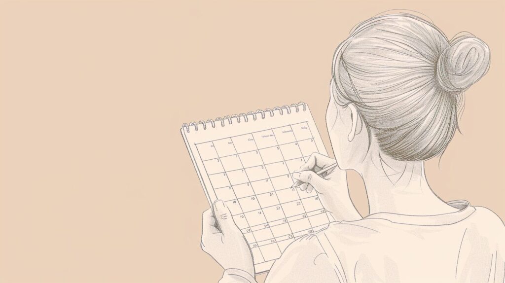 TOEICスコアの有効期限を意識してカレンダーに予定を書き込む女性のイラスト
