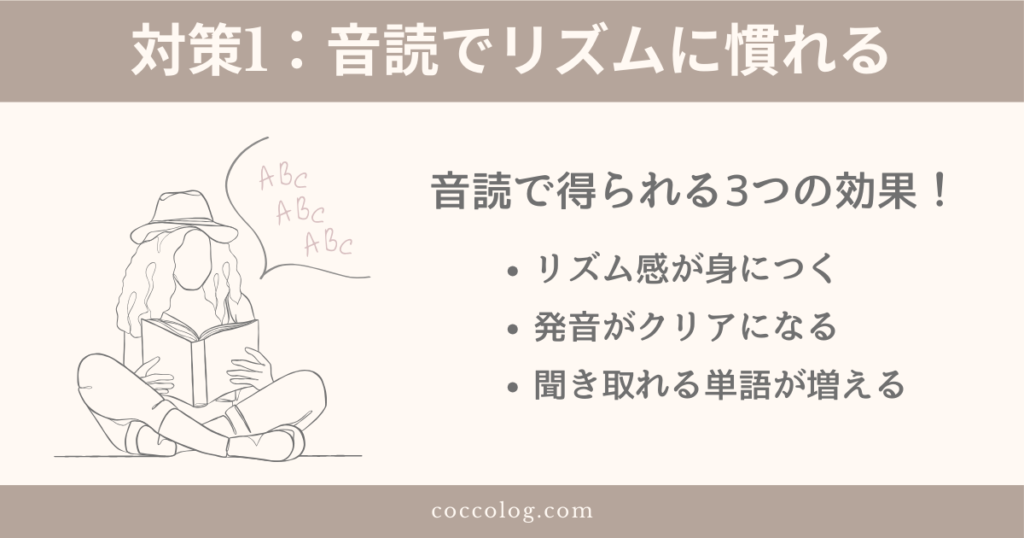 本を音読している女性のイラスト。音読によってリズム感・発音・語彙の聞き取り力が向上することを伝える説明付き。