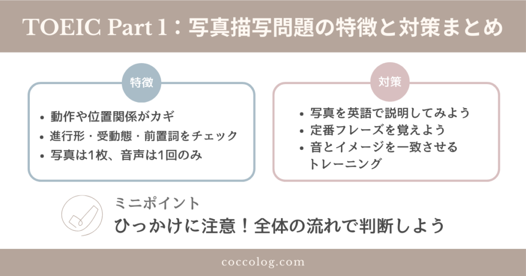 TOEIC Part 1の写真描写問題の特徴と対策をまとめた図解。出題形式と学習ポイントを初心者向けにわかりやすく整理。