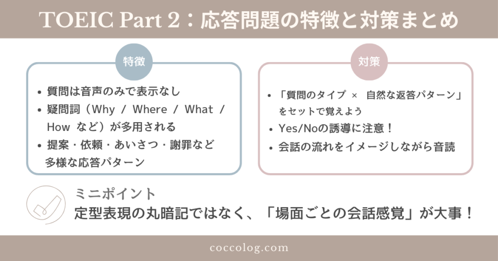 TOEIC Part 2の応答問題の特徴と対策をまとめた図解。質問形式、注意点、学習方法を初心者向けにビジュアル化。