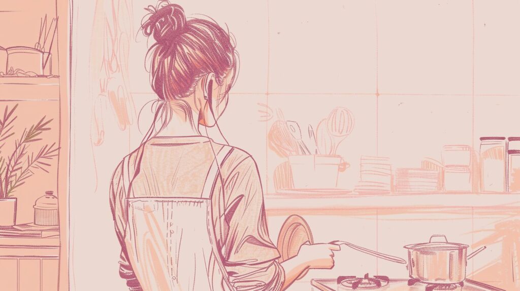 家事をしながらイヤホンで英語音声を聞いている女性の線画イラスト。忙しい日常でもリスニング対策をしている場面。