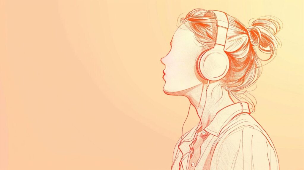 TOEICリスニング対策としてヘッドフォンで英語音声を聞いている女性の線画イラスト。シャドーイング練習中の場面。