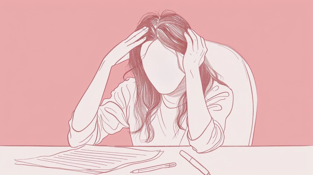 TOEICリスニング中に頭を抱えて絶望している女性の線画イラスト。試験用紙の前で焦っている場面。