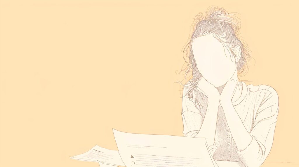 TOEICの書類を見て驚いている女性の線画イラスト(ベージュ背景) / Line art illustration of a surprised woman looking at TOEIC report (beige background)