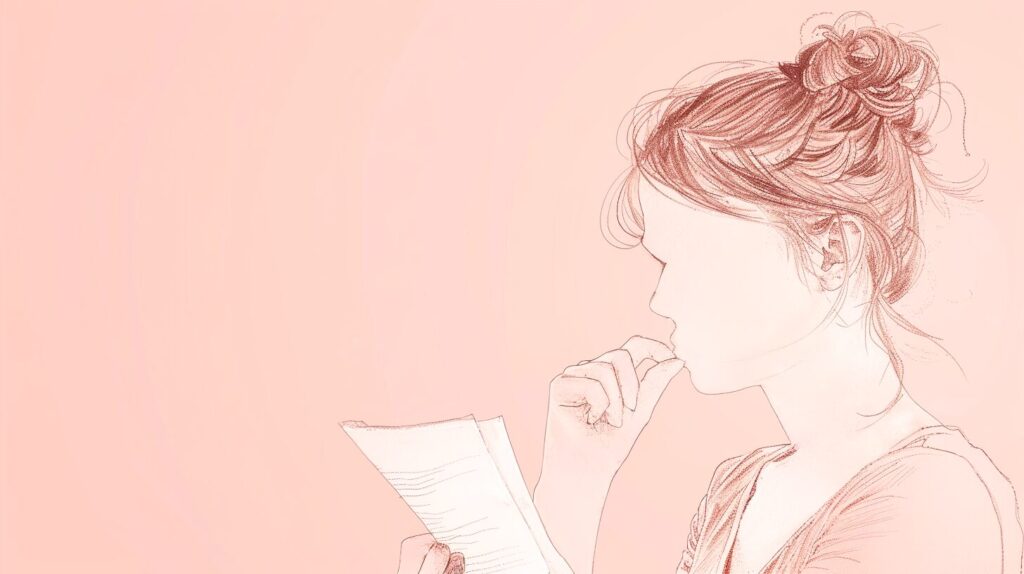 TOEICスコアを見て悩んでいる女性の線画イラスト(ピンク背景) / Line art illustration of a woman thinking about her TOEIC score (pink background)